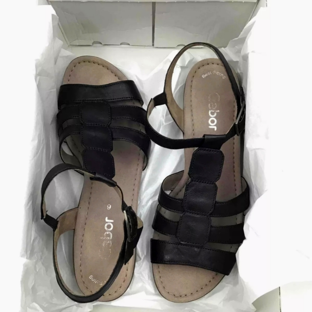 Gabor 24558 T-Strap black tuscan leather Sandals Size 8.5 new and inoriginal box